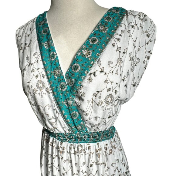 Boho Maxi Dress White Floral Print Sleeveless V-Neck Lined with Pockets Size L - Picture 5 of 15